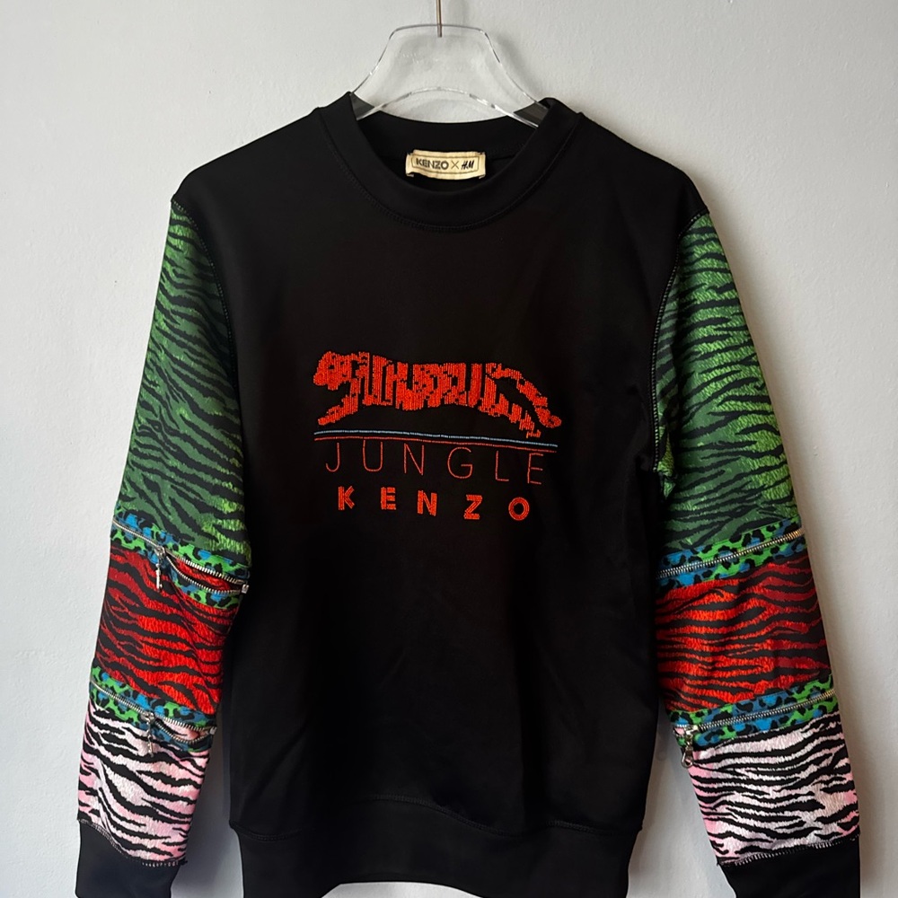 Kenzo Black Jungle Sweater with Multicolor Sleeves
